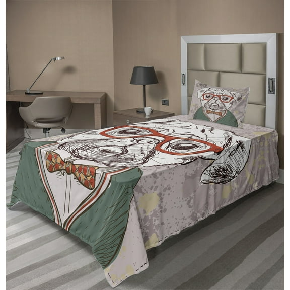Ambesonne Colorful Fitted & Top Sheet Set with Sham, Vintage Hipster Pugs, Multicolor