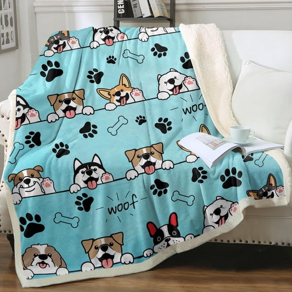 Dog Sherpa Blanket for Kids Blue Cute Puppy Pattern Fleece Throw Blanket, Black Paw Print Dog Owner Gifts, Throw(50"x60")