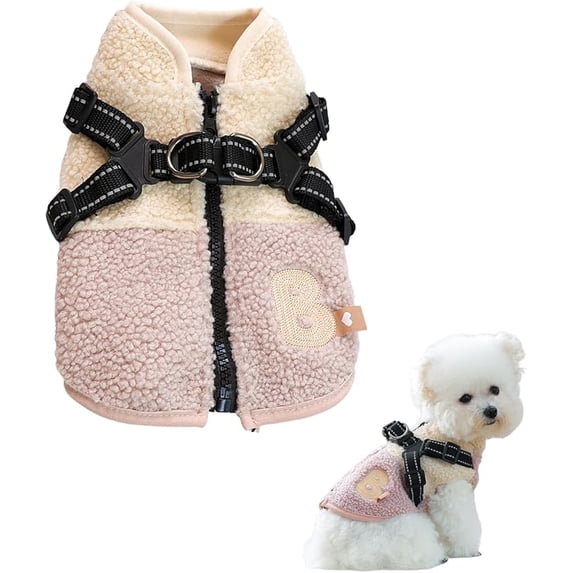Dog Sherpa Coat with Harness Puppy Winter Fleece Sweater Jacket Small Dogs Cats Cold Weather Coats Lightweight Warm Doggie Kitten Vest Clothes Chihuahua Yorkie Dachshund Bulldog(Pink, M)