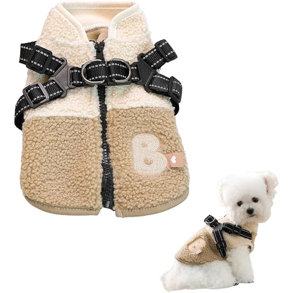 Dog Sherpa Coat with Harness Puppy Winter Fleece Sweater Jacket Small Dogs Cats Cold Weather Coats Lightweight Warm Doggie Kitten Vest Clothes Chihuahua Yorkie Dachshund Bulldog(Coffee, S)