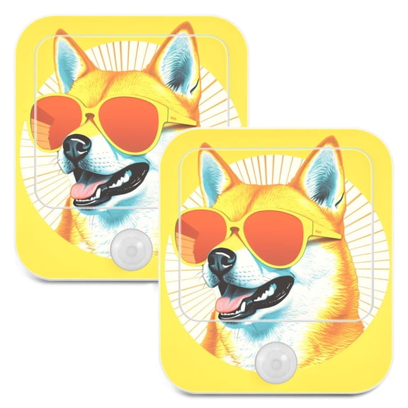 Dog Shiba Inu Sunglasses Night Lights Plug into Wall LED with Auto Light Sensor Warm Light for Kids Hallway Bedroom Living Room Kitchen Bathroom Set of 2