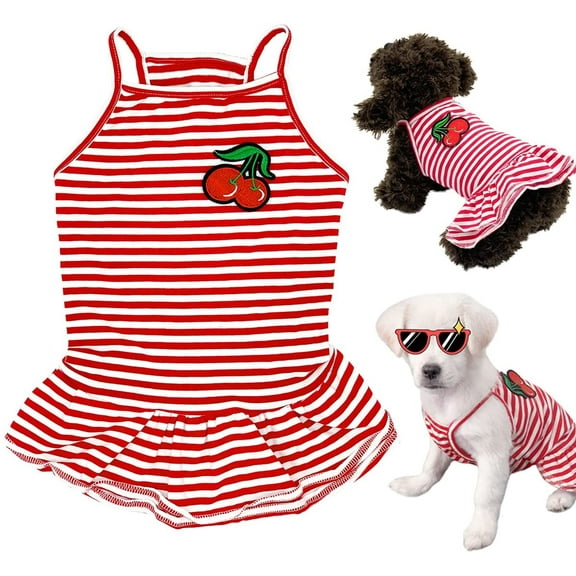 Dog Shirt Red Striped Skirt Pet Dress Clothes, Puppy T-Shirts Soft Costumes, Puppy Cherry Print Vest Outfits for Small Dogs and Cats Princess Dresses Girl Boy Clothing