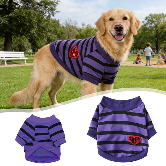 Dog Shirts for Small Dogs Summer Basic T-Shirt Striped Puppy Clothes Sequins Love Heart Sweatshirt Soft Short Sleeve Tee Shirt Pet Clothing Pullover Chihuahua Apparel(Dark Purple, XL)