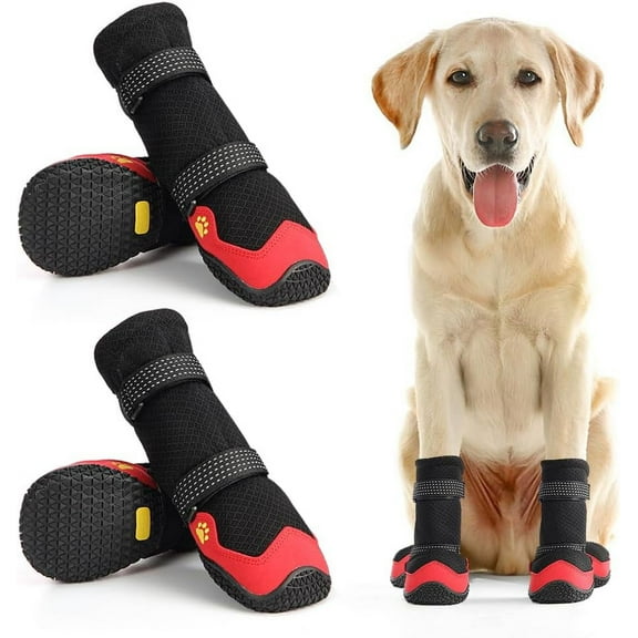 Dog Shoes for Hot Pavement Anti-Slip Dog Boots & Paw Protectors for Winter Snowy Day Summer Dog Snow Boots Waterproof Dog Shoes for Small to Large Dogs with Reflective Straps for Hiking 4Pcs
