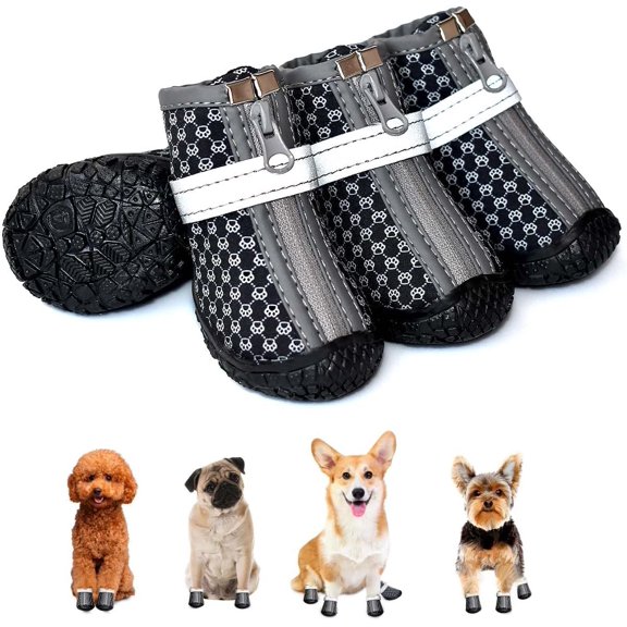 Dog Shoes for Small Dogs, Anti-Slip Dog Boots with Reflective Strips, Puppy Paw Protectors for Ourdoor Indoor Walking Winter Snow Summer Hot Pavement, Waterproof in Rainy Weather 4PCS/Set