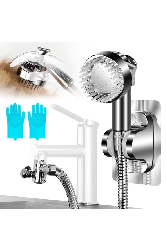 Dog Shower Attachment Set, 6.6 Ft Stainless Steel Pet Shower Hose with 3-Way Diverter Valve & Grooming Sprayer for Easy Pet Bathing – Includes Sprayer Nozzle, Holder, Adapters, & Grooming Gloves
