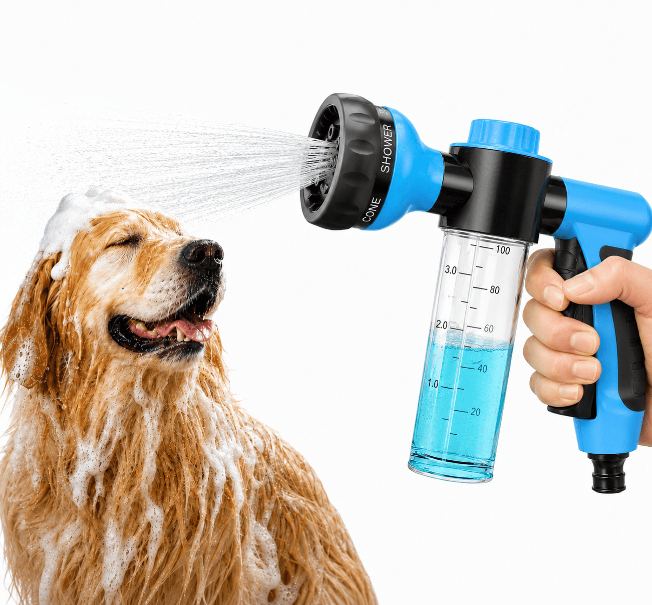 Dog Wash Hose Sprayer Nozzle with Soap & Shampoo Dispenser, 8 Spray Patterns High Pressure Garden Hose Nozzle for Pet Bathing, Watering & Cleaning