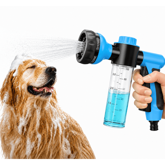 Dog Wash Hose Sprayer Nozzle with Soap & Shampoo Dispenser, 8 Spray Patterns High Pressure Garden Hose Nozzle for Pet Bathing, Watering & Cleaning