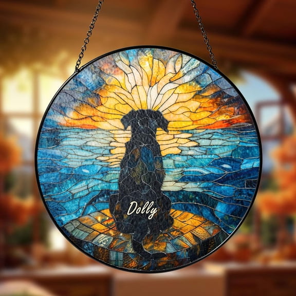 Dog Silhouette Suncatcher, Faux Stained Glass Ocean View, Memorial Gift, 3.5 in