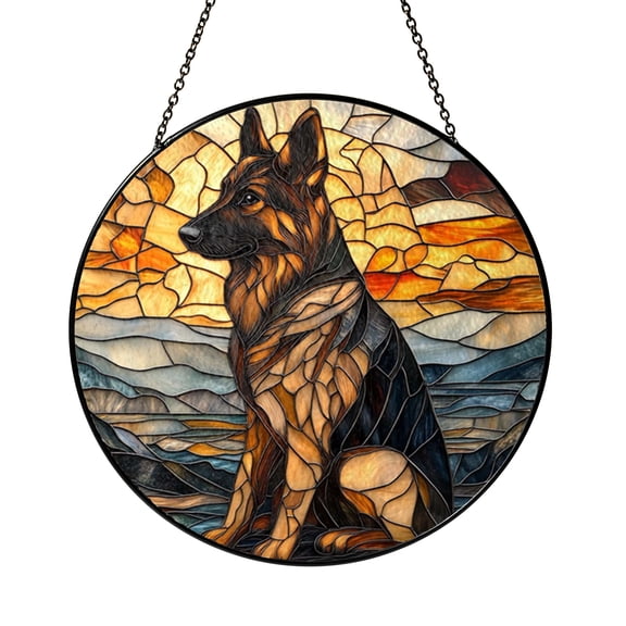 Dog Silhouette Sunset Glass Panel, Decorative Stained Glass Style Art