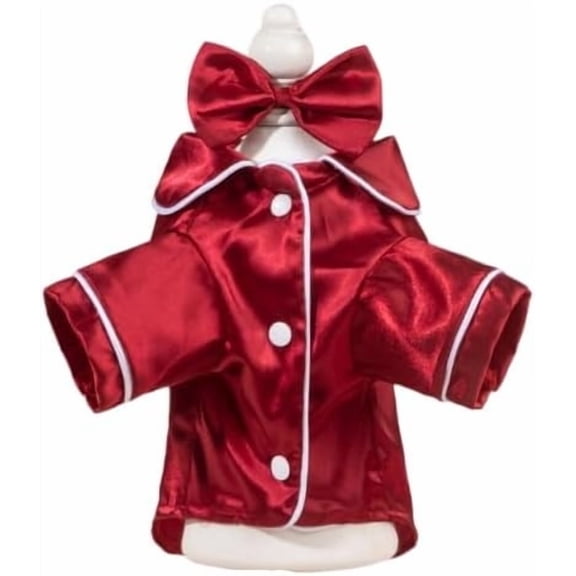 Dog Silk Pajamas, Christmas Lapel Pet Sleepwear Shirts Bulldog Chihuahua Yorkie Pjs,Comfortable Breathable Two-Legged Cat Costumes Dog Clothes （Burgundy Bow)