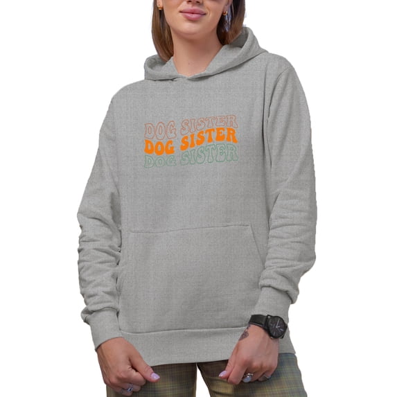 Dog Sister, Name or Title for Sisters of Dogs, Groovy Retro Wavy Text Merch Gift, Heather Grey Hooded Sweatshirt or Hoodie, Small