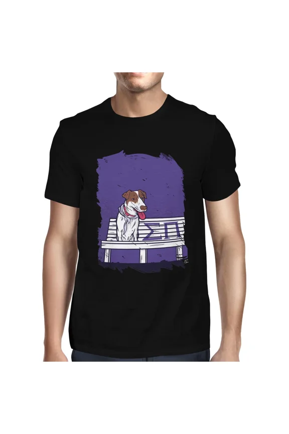 Dog Sitting on Bench with Greek Symbols Quirky Pet Humor Unisex T-Shirt up to size 5XL
