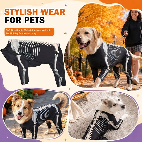 Dog Skeleton Costume, Lightweight Pet Bodysuit Outfit for Halloween Dress Up, Photo Shooting, Family Holiday Party, Puppy Playdate (XL)