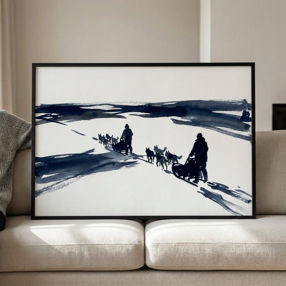 Dog Sled Team Minimalist Wall Art Arctic Ink Wash Decor Mushing Unframed Paper Print
