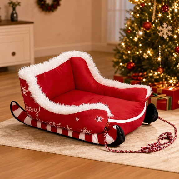 Dog Sleigh Bed, Christmas Sleigh Dog Bed, Non-Slip Bottom Washable Pet Bed, Red _ L