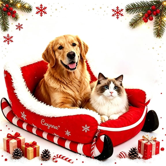 Dog Sleigh Bed - Santa Sleigh Dog Bed, Soft Plush Washable Long-Lasting, Non-Slip Bottom, Plush Soft Raised Bolster Bed for Indoor Winter Holiday Decor