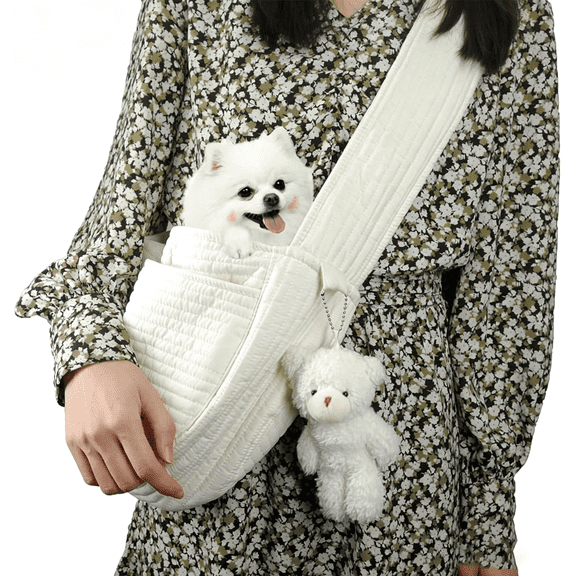 Dog Sling Carrier，Hand Free Pet Carrier for Small Dogs and Cats, Adjustable White Puppy Carrier for Outdoor Traveling, Breathable