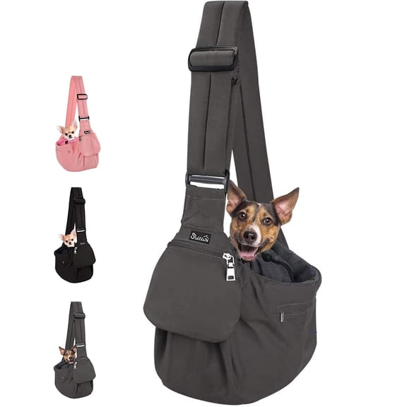 Dog Sling Carrier Hard Bottom Support & Adjustable Soft Padded Shoudler Strap Slings For Small Dogs Purse With Drawstring Mesh Opening Zipper Pockets Puppy Cat Pet (grey)