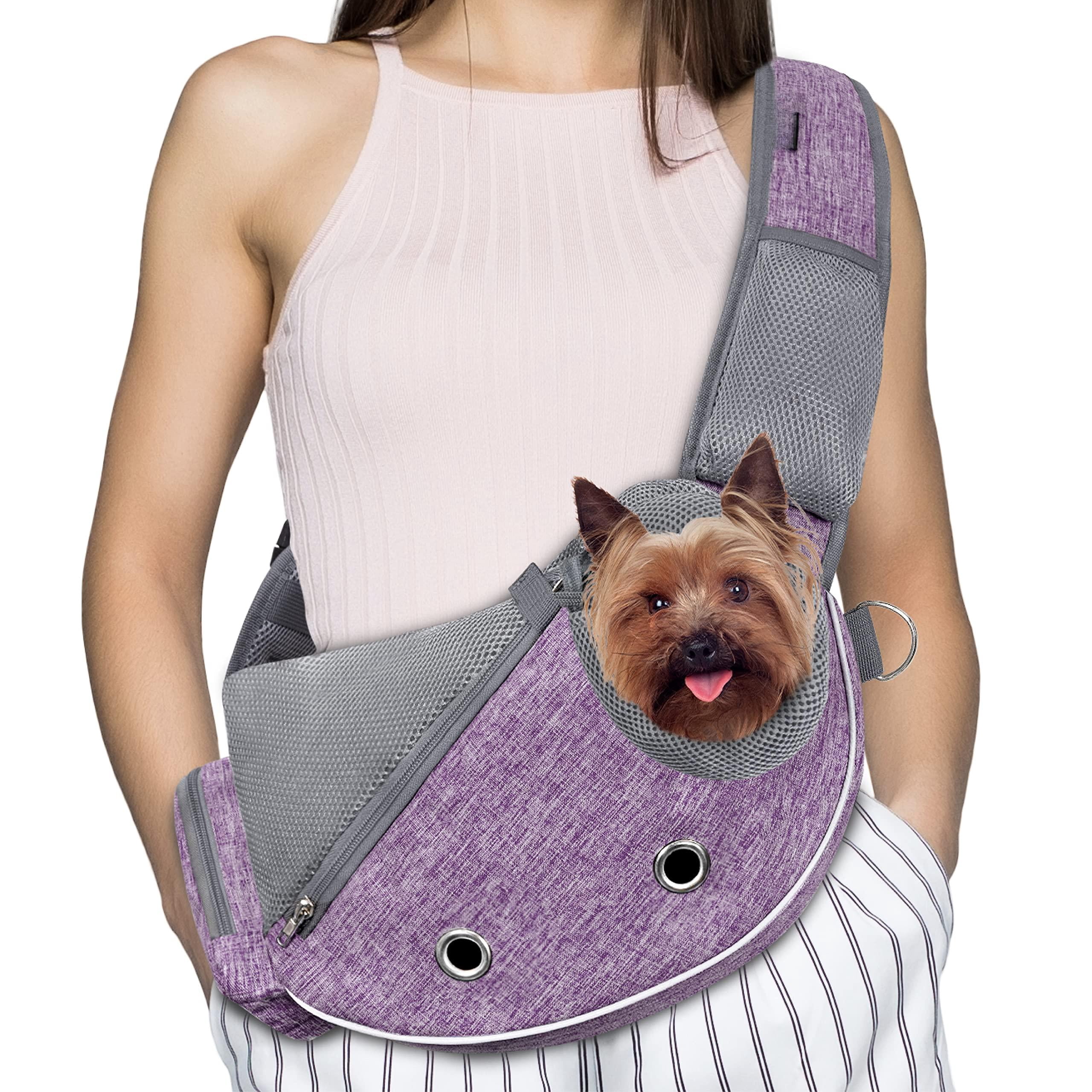 Dog Sling Carrier For Small Dogs  Puppy Purse Bags Traveling Carrying Bag To Wear Medium Cat Adjustable Crossbody Pet Travel Poop Dispenser Max 5 Lbs Purple