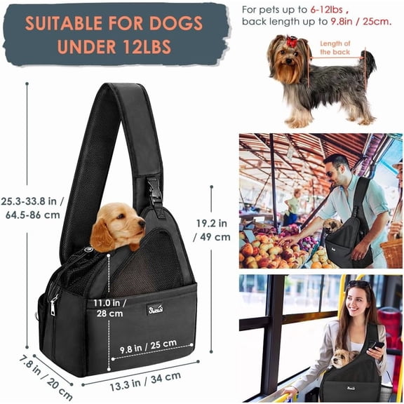 Dog Slings for Small Dogs, Hard Bottom Support & Adjustable Soft Padded Shoudler Strap Dog Sling Carrier, Dog Purse with Button Closure & Zipper Pockets (for Pets 6-12 lbs, Black)