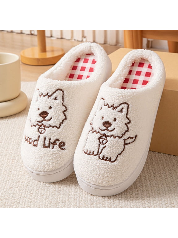 Dog Slippers for Women, Closed Toe Fuzzy House Shoes with Embroidered Puppy, Fleece Cushioned Flat Non-Slip Bedroom Mule Slippers for Animal Lover Gifts