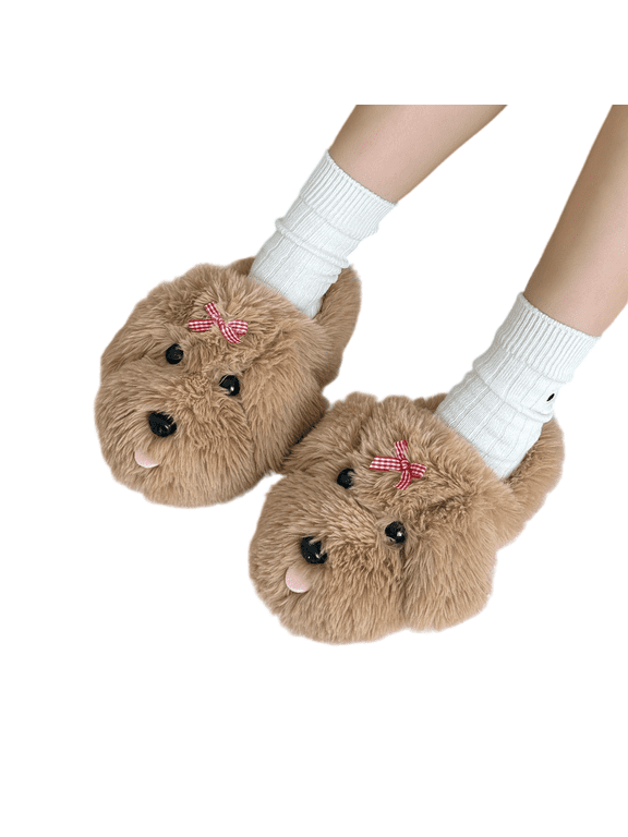 Dog Slippers for Women, Cute Puppy Fluffy Plush House Slippers for Women, Cartoon Winter Warm Fall Shoes Slip On Soft Cozy Indoor Mules