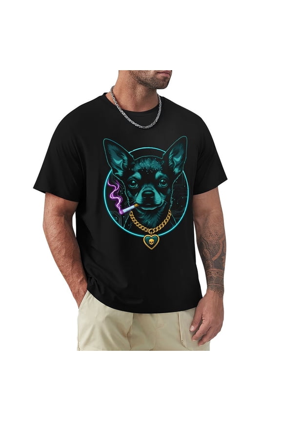 Dog Smoking Cigarette Men's Cotton HD Print Short Sleeve T-Shirt Crew Neck Top Black L