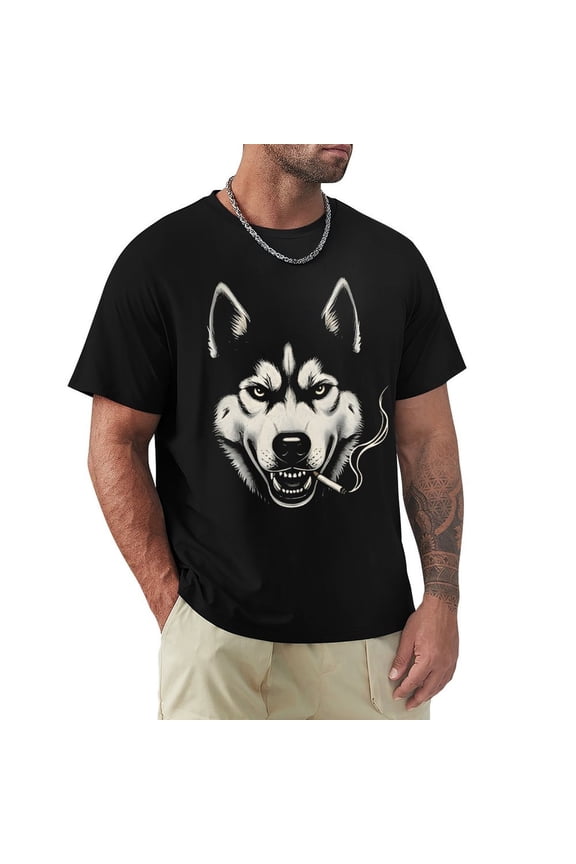 Dog Smoking Cigarette Men's Cotton HD Print Short Sleeve T-Shirt Crew Neck Top Black XL