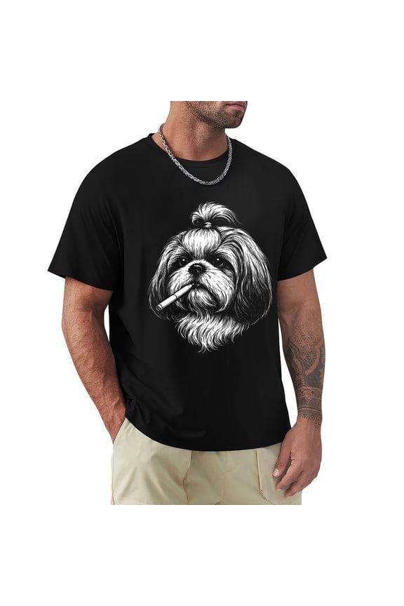 Dog Smoking Cigarette Men's Cotton HD Print Short Sleeve T-Shirt Crew Neck Top Black XL