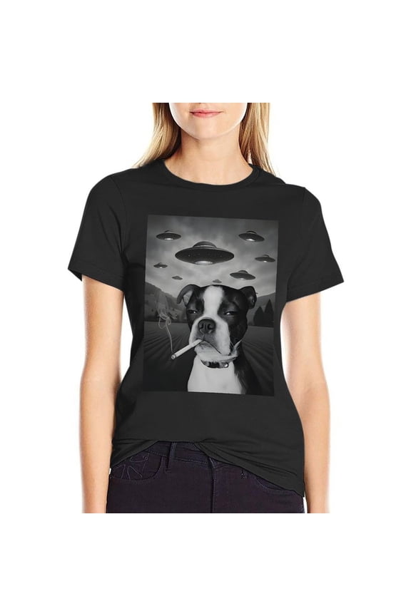 Dog Smoking Cigarette Women’s Short Sleeve Cotton T-Shirt HD Graphic Printed Tee Casual Crew Neck Top 2XL