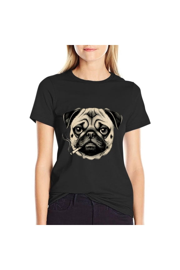 Dog Smoking Cigarette Women’s Short Sleeve Cotton T-Shirt HD Graphic Printed Tee Casual Crew Neck Top 3XL