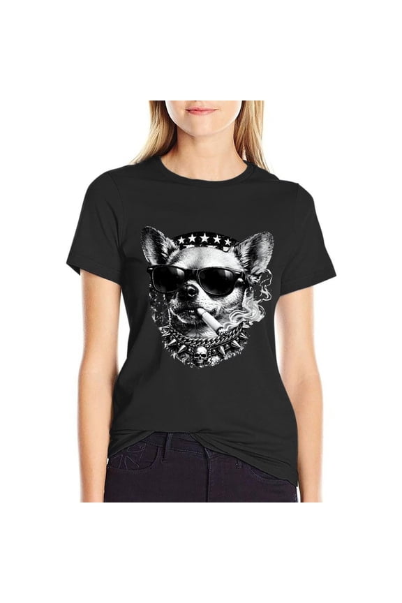 Dog Smoking Cigarette Women’s Short Sleeve Cotton T-Shirt HD Graphic Printed Tee Casual Crew Neck Top S