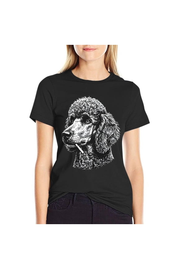 Dog Smoking Cigarette Women’s Short Sleeve Cotton T-Shirt HD Graphic Printed Tee Casual Crew Neck Top XL