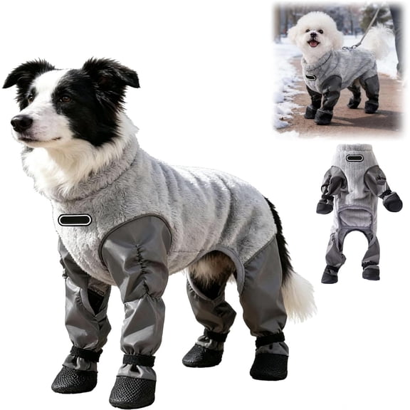Dog Snowsuit with Attached Boots, Waterproof Winter Full Body Coat, Waterproof Insulated Full Coverage, Attached Boots & Paw Protection, Reflective Safety, Leash-Ready, Easy Side Closure