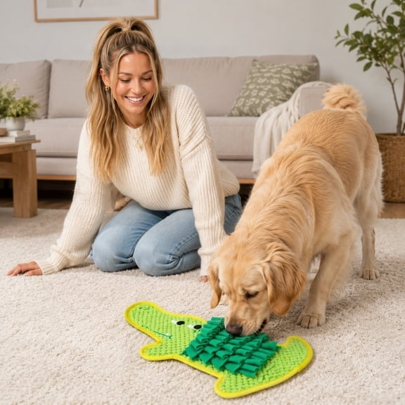 Dog Snuffle Mat, Interactive Sniff Mat for Slow Feeding Anxiety Relief, Foraging Puzzle Nosework Mat for Dogs Cats, Machine Washable Treat Dispensing Pet Toy，Green