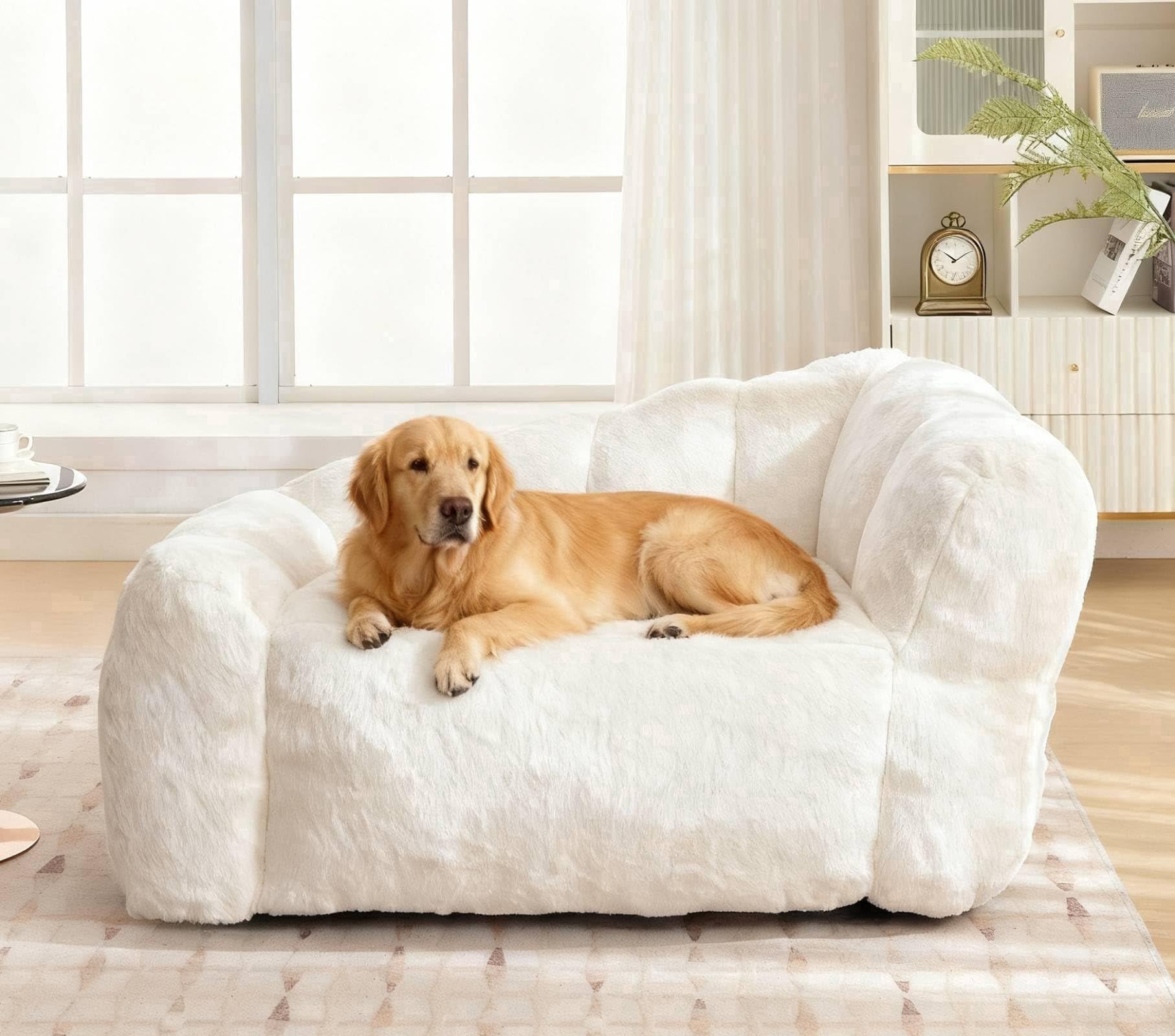 Dog Sofa Couch Bed for Large Dogs, 51" Pet Sofa with Faux Fur Fabric, Comfortable Pet Couch with Backrest and Armrests Beige
