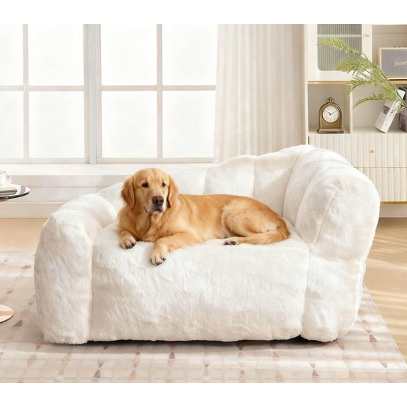 Dog Sofa Couch Bed for Large Dogs, 51" Pet Sofa with Faux Fur Fabric, Comfortable Pet Couch with Backrest and Armrests Beige