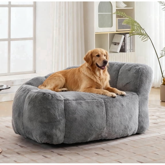 Dog Sofa Couch Bed for Medium, Large Dogs, 51" Pet Sofa with Faux Fur Fabric, Comfortable Pet Couch with Backrest and Armrests Dark Grey