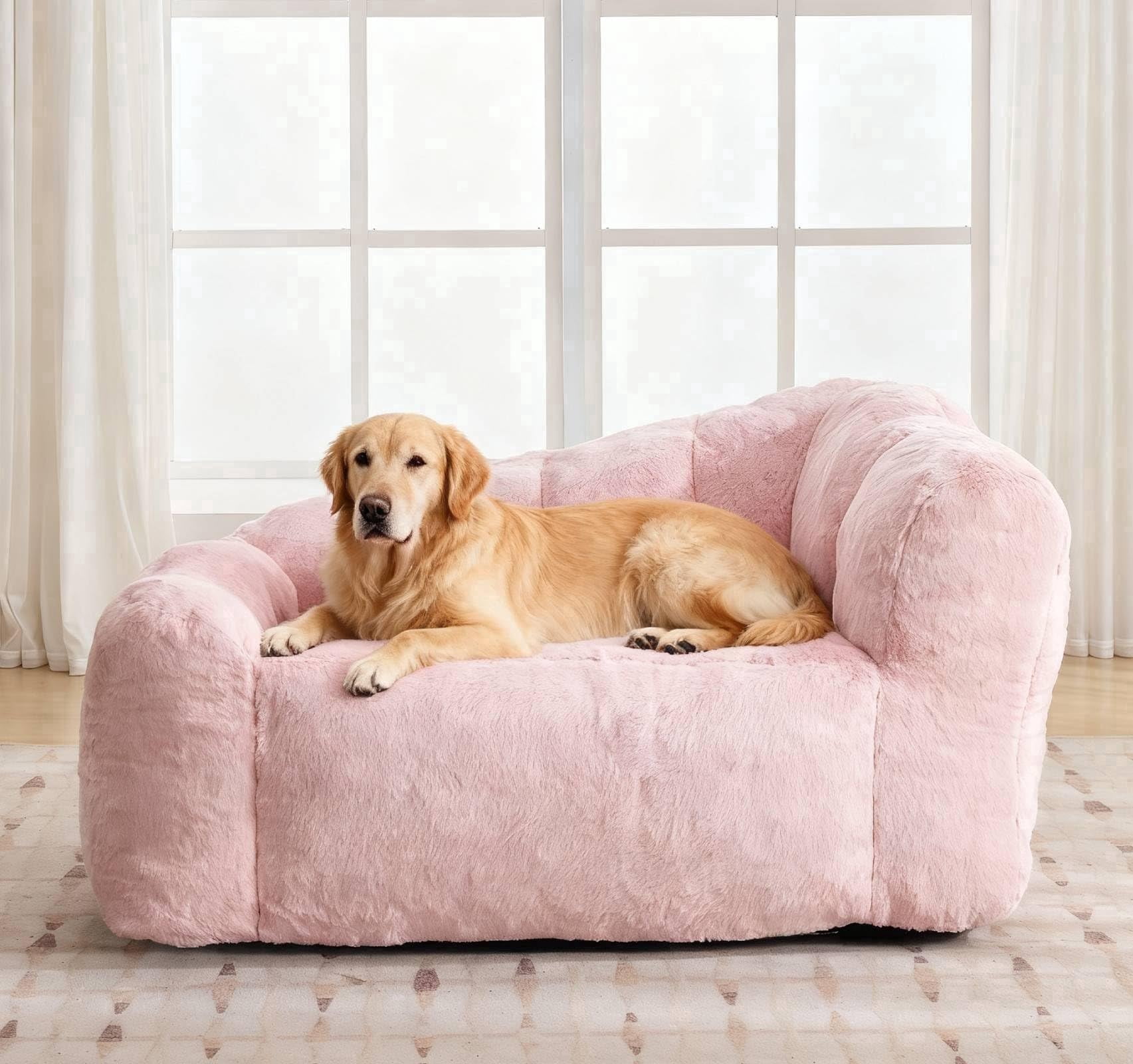 Dog Sofa Couch Bed for Large Dogs, 51" Pet Sofa with Faux Fur Fabric, Comfortable Pet Couch with Backrest and Armrests Pink