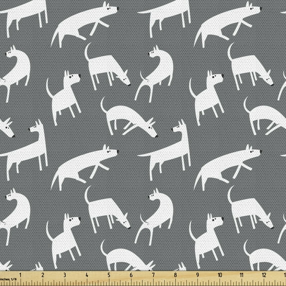 Ambesonne Dog Fabric by the Yard Upholstery, Funky English Bull Terriers, 2 Yards, Grey and White
