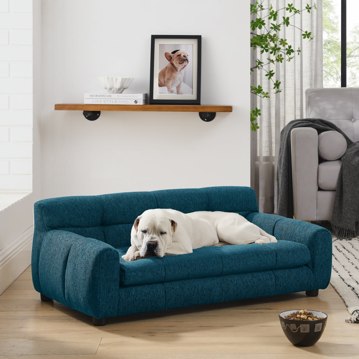 Dog Sofa for Large Dogs, Orthopedic Pet Couch with Backrest and Armrests, Soft Linen Pet Bed for Medium Dogs, Modern Rectangular Pet Furniture, Blue