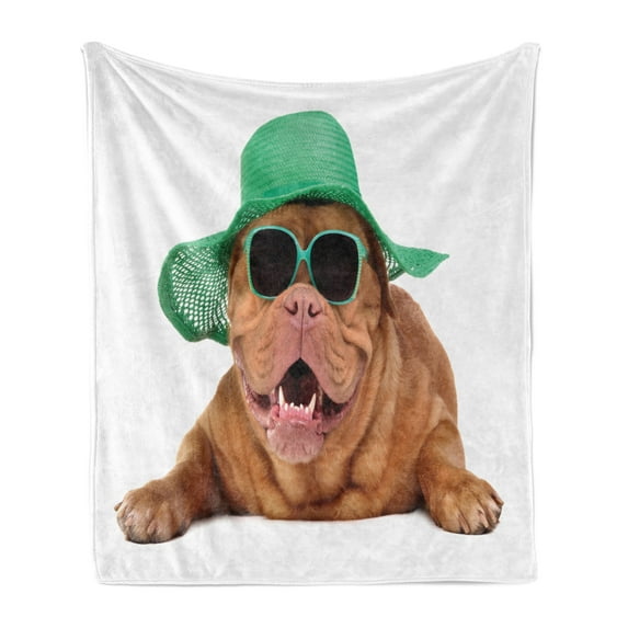 Dog Soft Flannel Fleece Blanket, Hipster Animal Wearing Straw Hat and Sunglasses Summer Sunbathing Puppy, Cozy Plush for Indoor and Outdoor Use, 60" x 80", Shamrock Green and Caramel, by Ambesonne