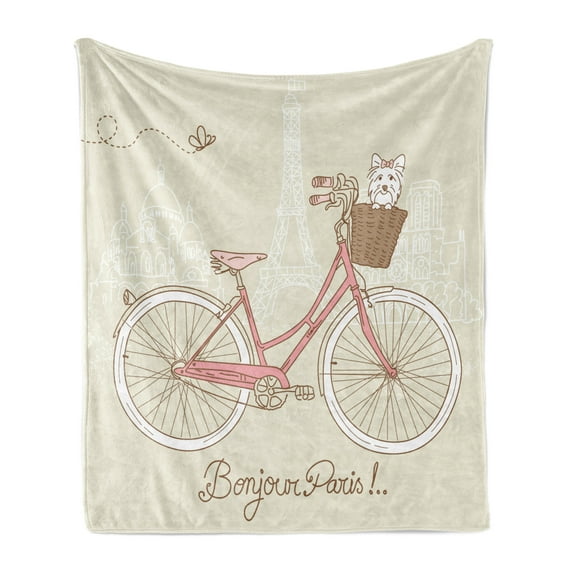 Dog Soft Flannel Fleece Blanket, Romantic Postcard from Paris Pattern Dog in Basket of the Bicycle Illustration, Cozy Plush for Indoor and Outdoor Use, 50" x 70", Eggshell and Coral, by Ambesonne