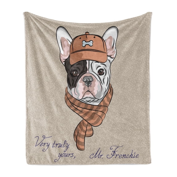 Dog Soft Flannel Fleece Throw Blanket, Cartoon Bulldog with Cap and Scarf French Fashion Style Hipster Dog Lovers Print, Cozy Plush for Indoor and Outdoor Use, 50" x 70", Tan and Brown, by Ambesonne