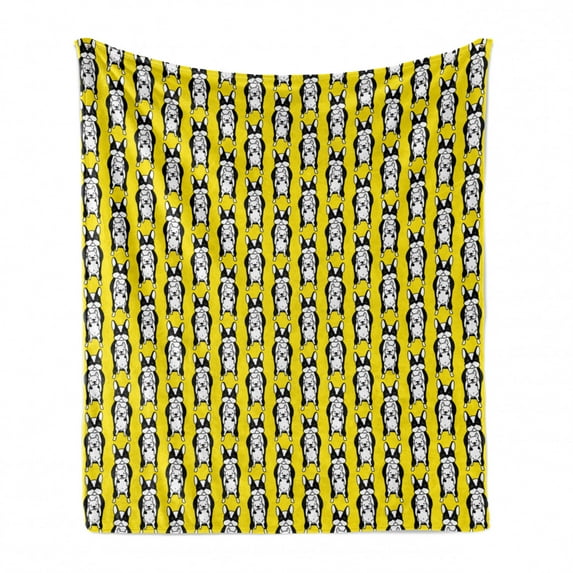 Dog Soft Flannel Fleece Throw Blanket, Cartoon Style French Bulldog Holding a Puppy Animal Lover Concept, Cozy Plush for Indoor and Outdoor Use, 60" x 80", Yellow Black and White, by Ambesonne