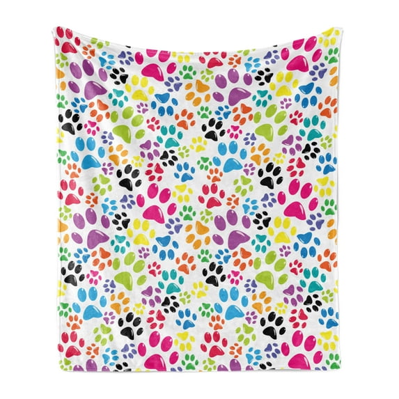 Dog Soft Flannel Fleece Throw Blanket, Colorful Little Paws Steps Childish Artwork Cartoon Unusual Traces Design, Cozy Plush for Indoor and Outdoor Use, 50" x 70", Purple Blue Green, by Ambesonne