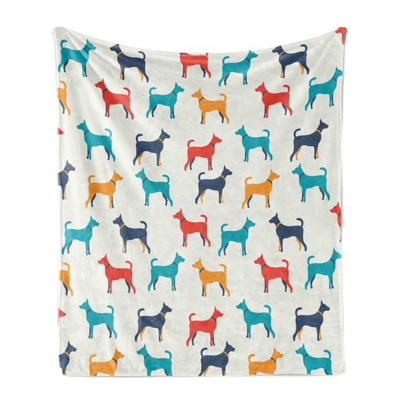 Dog Soft Flannel Fleece Throw Blanket, Contemporary Colorful Illustration of Pet Contours in Retro Style Print, Cozy Plush for Indoor and Outdoor Use, 60" x 80", Grey Red Teal, by Ambesonne