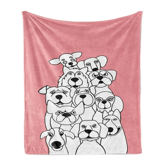 Dog Soft Flannel Fleece Throw Blanket, Hand Drawn Clutter of Dogs on a Soft Toned Background Funny Animals, Cozy Plush for Indoor and Outdoor Use, 70" x 90", Pale Pink Charcoal Grey, by Ambesonne