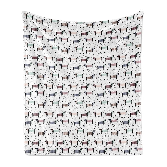 Dog Soft Flannel Fleece Throw Blanket, Hand Drawn Dachshund Silhouettes on Monochrome Dotted Background Nursery Theme Image, Cozy Plush for Indoor and Outdoor Use, 70" x 90", Multicolor, by Ambesonne